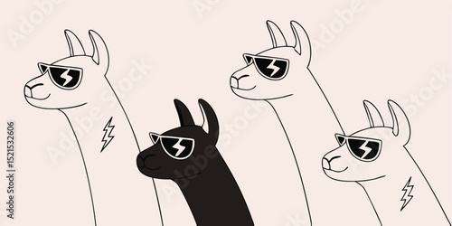 Three llamas wearing sunglasses, one black and two white, with lightning bolt tattoos