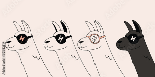 Four llamas with different sunglasses, stylish and cool characters