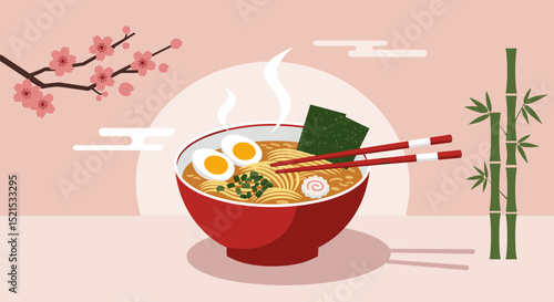 A bowl of Korean ramen with egg, seaweed, kimchi and chopsticks, suitable for a restaurant menu, gastronomic tourism