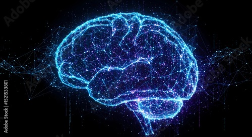 An artistic digital representation of a brain formed by glowing nodes and connections, symbolizing AI and neuroscience.