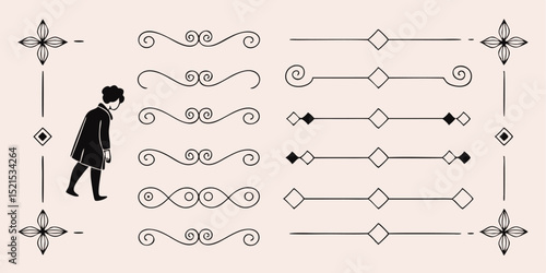 Elegant Black and White Design Elements: Flourishes, Dividers, and a Walking Figure