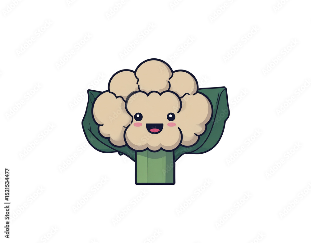 Obraz premium Cartoon Cauliflower with Smiling Face and Green Leaves a Whimsical Vegetable