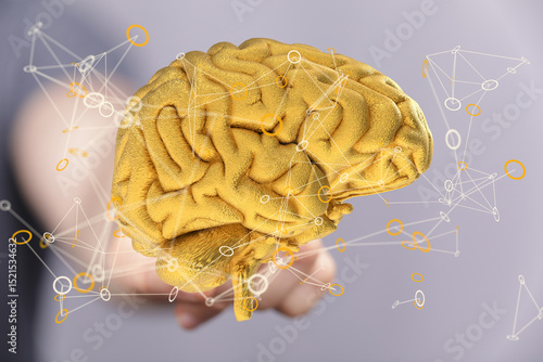 Billede på lærred 3D golden brain model with network connections, representing AI, neural networks, or brainpower