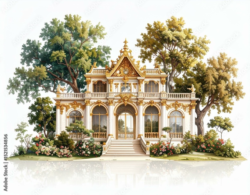 Fototapeta premium Elegant Baroque Pavilion Surrounded by Lush Green Trees and Flowers Architectural Design Illustration