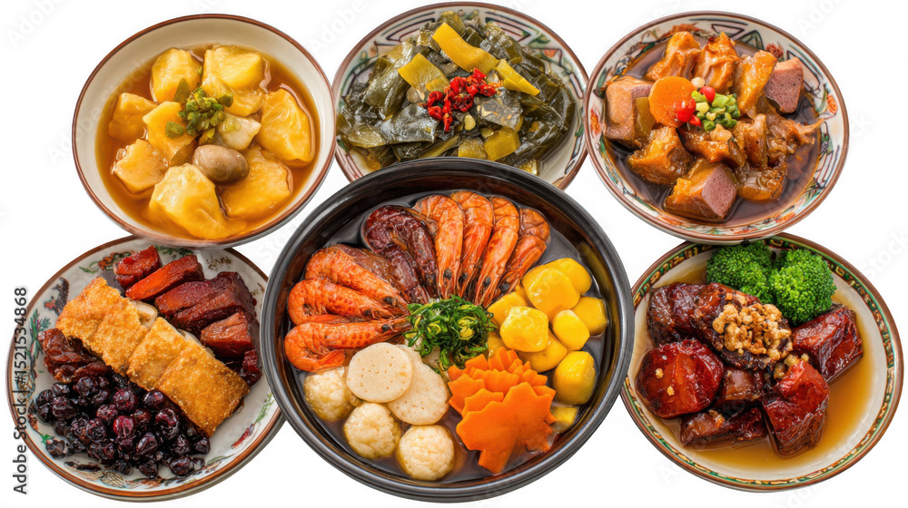 Six plates filled with various traditional new year dishes are beautifully arranged, showcasing a vibrant and celebratory culinary experience on a transparent background Six plates filled with various traditional new year dishes are beautifully arranged, showcasing a vibrant and celebratory culinary experience on a transparent background