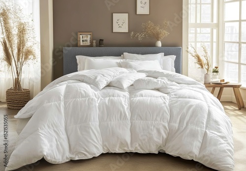 Wallpaper Mural A white duvet and pillows on the bed in a bedroom interior mockup, front view. Modern home decor with comfortable furniture and a pastel blue headboard of soft fabric, with natural light from the wind Torontodigital.ca