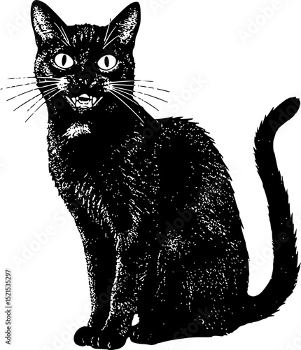 Creepy Halloween cat collage element with vintage stippling photocopy effect. Retro vector illustration for psychedelic surreal poster, with experimental grunge dotted texture	