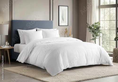 A white duvet and pillows on the bed in a bedroom interior mockup, front view. Modern home decor with comfortable furniture and a pastel blue headboard of soft fabric, with natural light from the wind