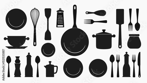 Black Kitchen Icons Set on White Background – Cooking, Utensils, and Appliance Symbols