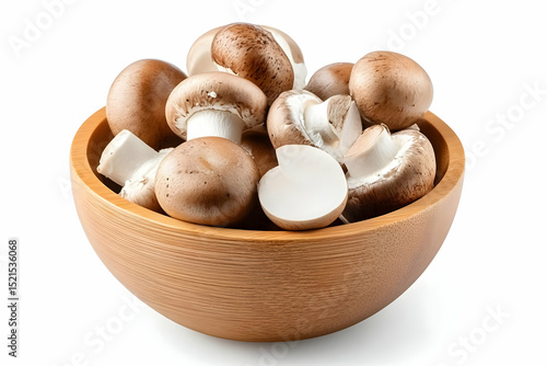 A wooden bowl filled with fresh, organic mushrooms, ideal for culinary and healthy food photography.