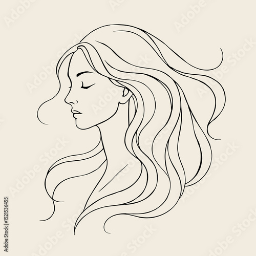 elegant woman outline sketch face and flowy hair side view flat 
