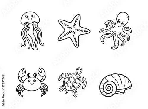 Adorable ocean animals coloring page sea life illustration