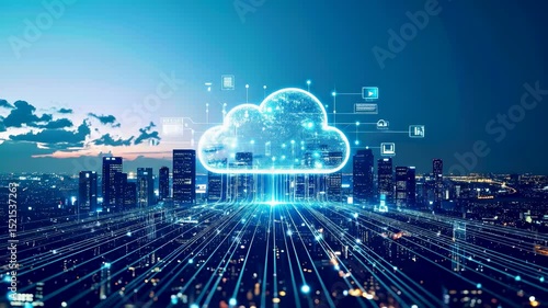 Edge computing and cloud technology integration, showing a glowing digital cloud over a cityscape, with data lines connecting devices to the cloud infrastructure.