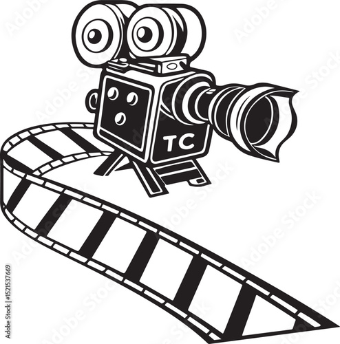 Black & White Woodcut-Style Illustration Vintage Movie Camera with Film Strip