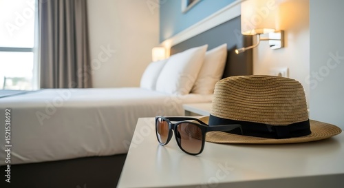 A straw hat and sunglasses rest on a bedside table in a hotel room next to a neatly made bed.