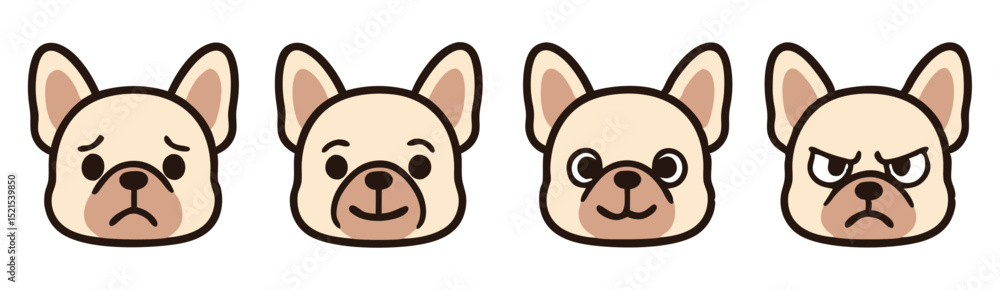 Obraz premium Kawaii French Bulldog Face Emotes – Sad, Neutral, Smiling and Angry Cute Dog Expressions – Vector Sticker Pack 