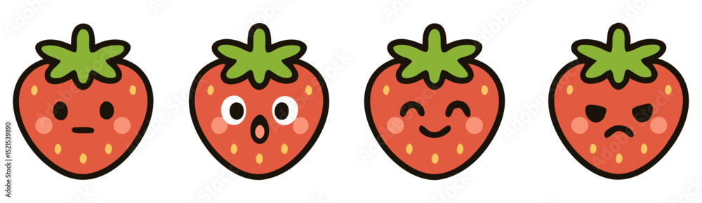 Obraz premium Cute Strawberry Emoji Set – Neutral, Surprised, Happy and Angry Kawaii Fruit Faces – Vector Sticker Collection