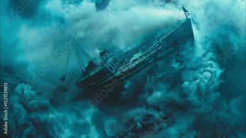 Underwater view of an old sunken ship on seabed with fish swimming around, abstract vivid composition consists of fictional unreal fantastic vision on background