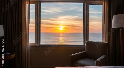 A serene sunrise over the ocean viewed from a comfortable hotel room with a cozy armchair.