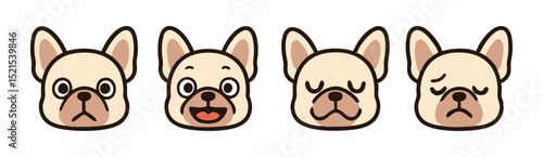 Kawaii French Bulldog Emoji Set – Surprised, Happy, Sleepy and Disappointed Cute Dog Faces – Vector Sticker Pack
