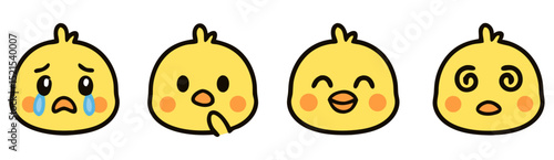 Cute Chick Face Emotes – Crying, Thinking, Happy and Dizzy Kawaii Chicken Expressions – Vector PNG Set
