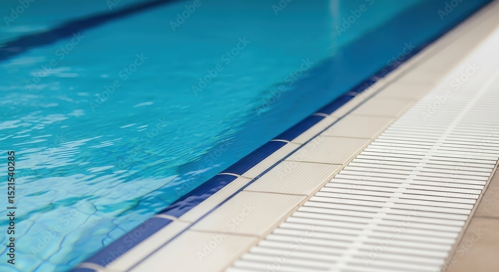 Obraz premium Clean hotel swimming pool with clear blue water and tiled edge, representing freshness, leisure, and relaxing vacation atmosphere for resort, travel, and hospitality concepts