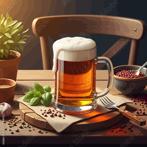 Overflowing Beer Mug with Creamy Foam, Herbs, and Spices on Wooden Table