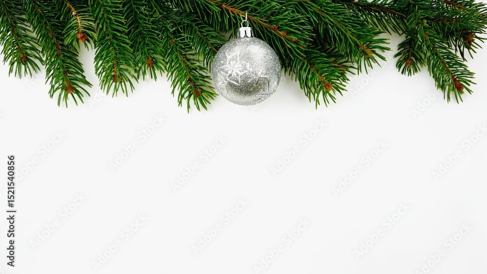 Elegant Silver Christmas Ornament Hanging from Fresh Green Pine Branches on White Background Elegant Silver Christmas Ornament Hanging from Fresh Green Pine Branches on White Background