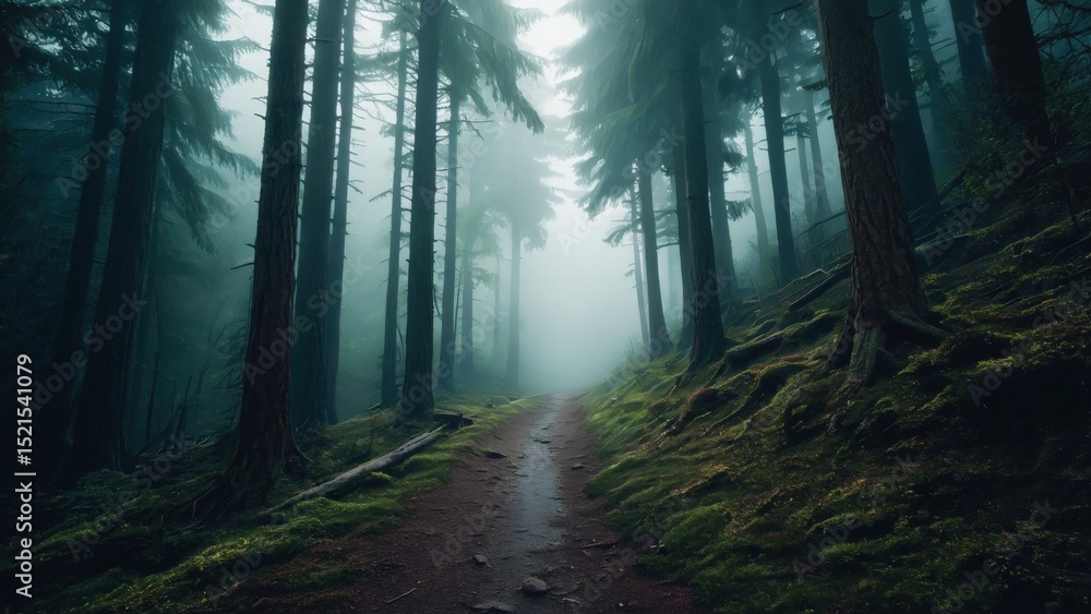 Obraz premium Misty Forest Pathway Surrounded by Tall Trees and Lush Greenery in Ethereal Light
