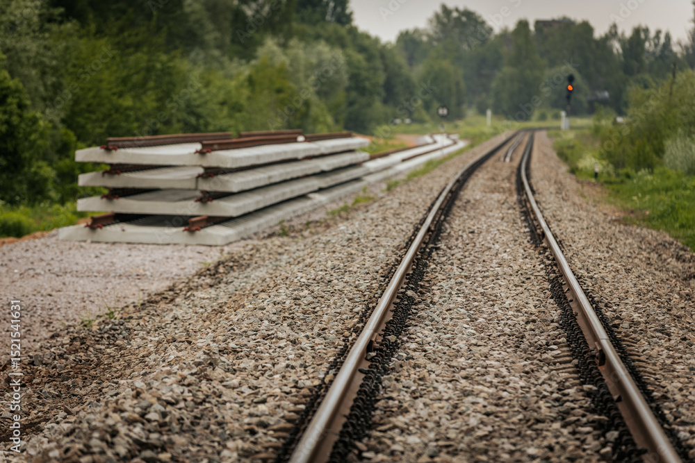Fototapeta premium Long, straight railway tracks stretch into the distance between green forest areas under a cloudy sky, offering strong perspective and symmetry.