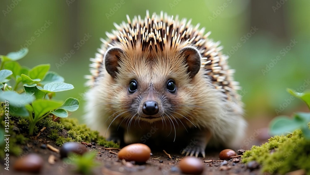 Fototapeta premium Adorable hedgehog in nature close‑up among moss and acorns, cute wild animal portrait in woodland habitat