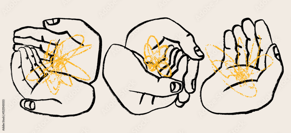 Naklejka premium Human hands holding something. Abstract doodle sketchy shape lying in palms. Hand drawn modern Vector illustration. Isolated design elements. Poster, print, sticker templates. Care, support concept