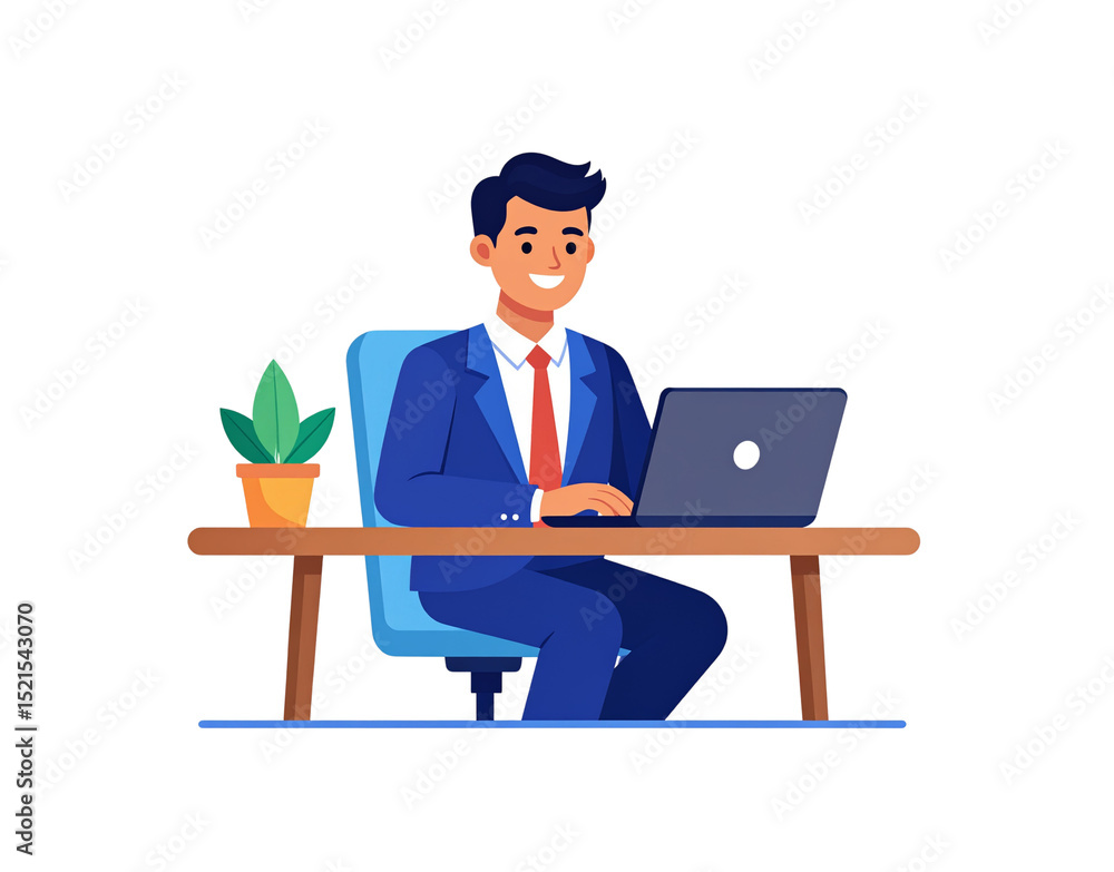 Smiling Businessman Working on Laptop at Desk with Potted Plant (3) Smiling Businessman Working on Laptop at Desk with Potted Plant (3)