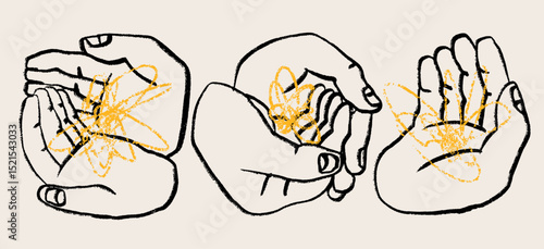 Human hands holding something. Abstract doodle sketchy shape lying in palms. Hand drawn modern Vector illustration. Isolated design elements. Poster, print, sticker templates. Care, support concept