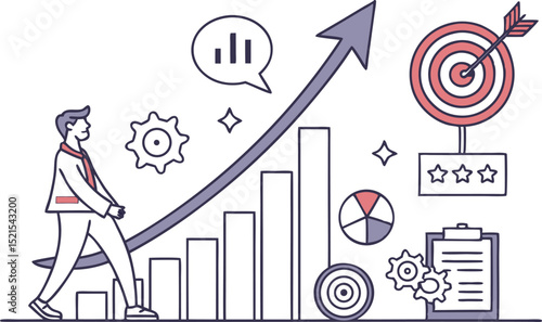Business Growth Illustration: A determined individual propels a rising graph toward a bullseye target, symbolizing business growth and goal achievement.