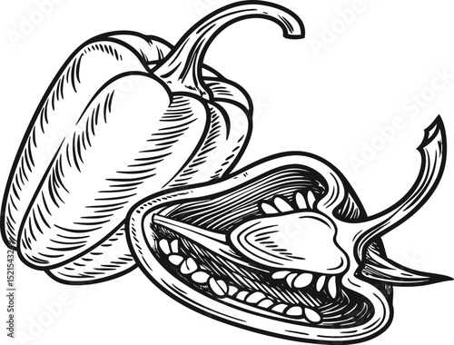 A detailed ink illustration showcasing a bell paprika, with one precisely bisected to reveal its inner structure and seeds, inviting culinary exploration.
