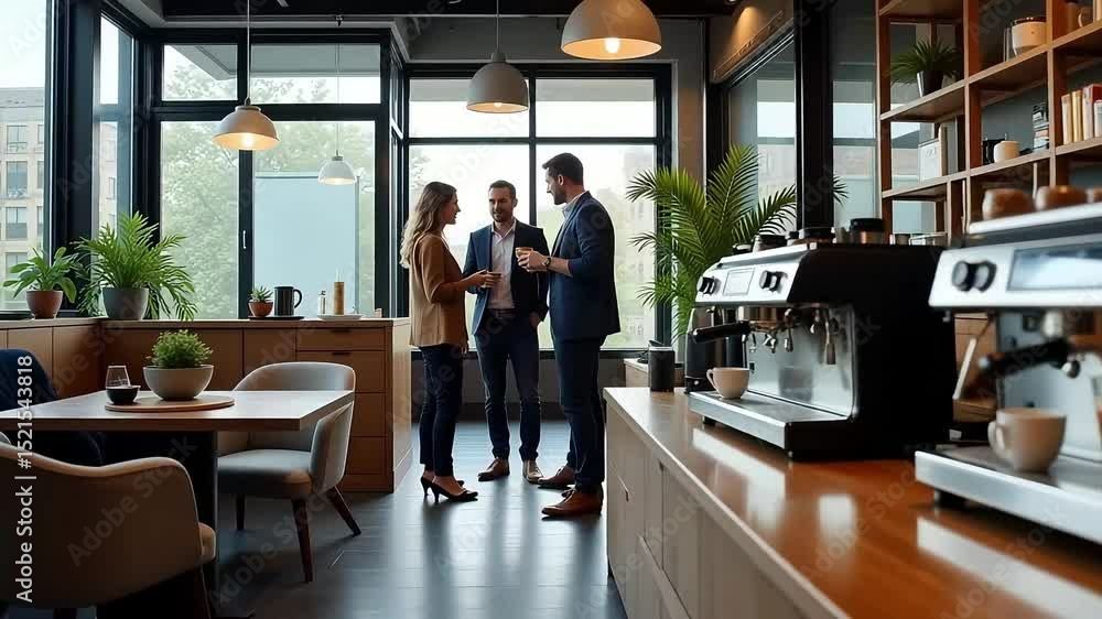 Modern Office Coffee Break Business Professionals Enjoying Conversation and Espresso Drinks Modern Office Coffee Break Business Professionals Enjoying Conversation and Espresso Drinks