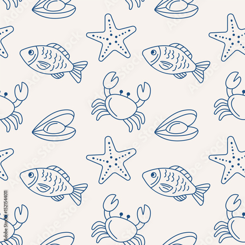 Seafood line art seamless pattern. Blue and white marine design with fish, crabs, clams and starfish.