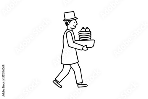 Man in top hat carrying stack of pancakes line drawing