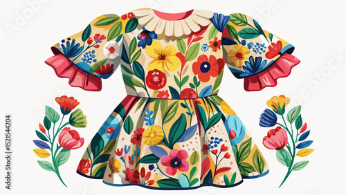 Colorful floral spring dress with puff sleeves and ruffle hem, displayed close-up on a clean white canvas. A joyful and vibrant outfit for sunny garden vector illustrations.

