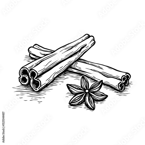 Hand-drawn sketch of cinnamon sticks with star anise flower in vintage engraving style on white background, concept of spice and herbs