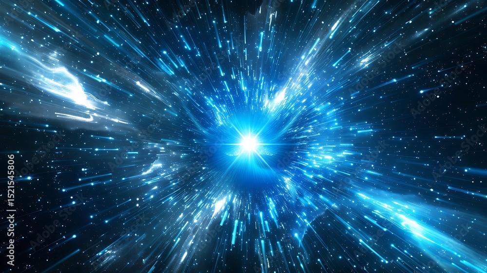 Fototapeta premium Bright blue fractal explosion with glowing stars in an abstract space background