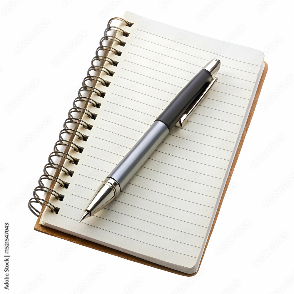 Elegant silver and black pen resting on a spiral notebook with lined pages isolated on white Elegant silver and black pen resting on a spiral notebook with lined pages isolated on white