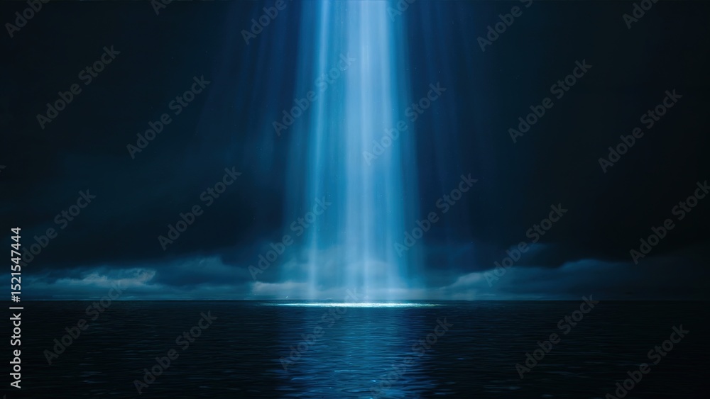 Naklejka premium Mystical Light Beam Over Dark Ocean Water at Night