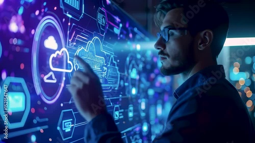 Male IT specialist interacting with a futuristic digital interface, managing cloud backup and restore flow. Technology, data protection, and cybersecurity visualized in a glowing blue environment.