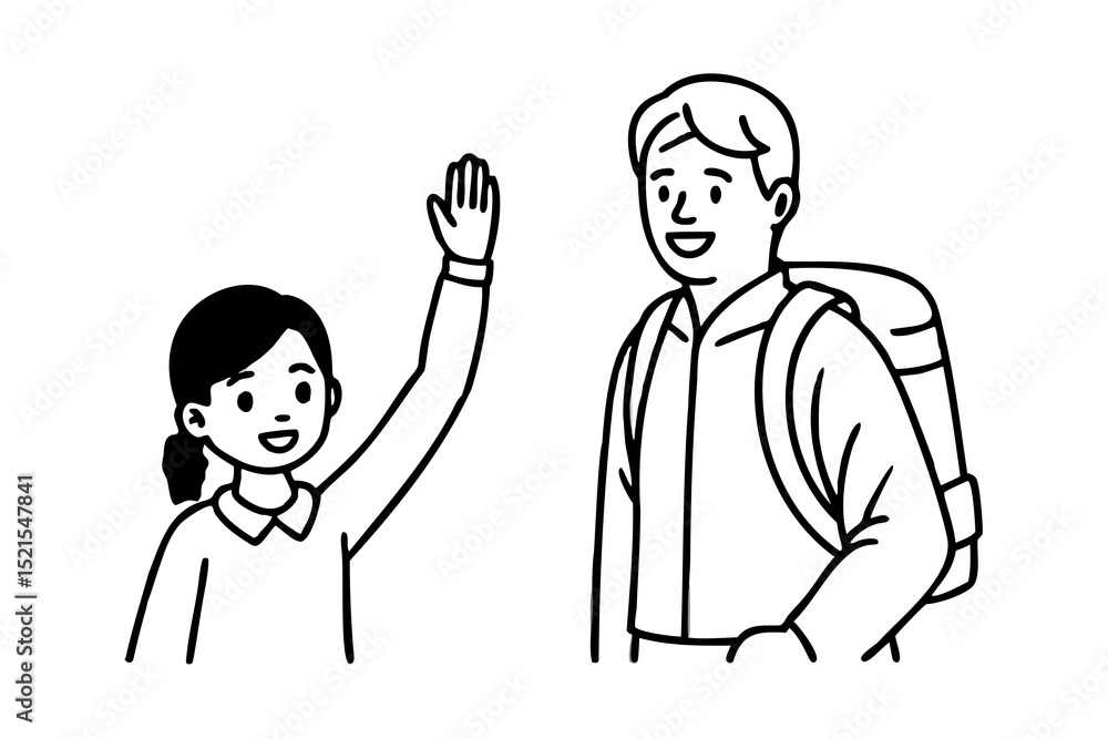 Girl waving hello to boy with backpack line drawing Girl waving hello to boy with backpack line drawing