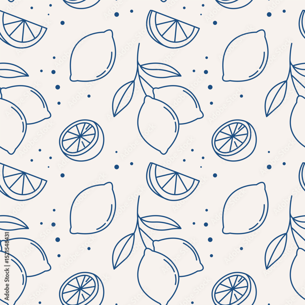 Lemon seamless pattern in blue. Hand drawn citrus fruit outline on light background.
