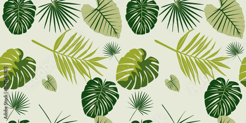 Seamless tropical palm monstera banana leaf pattern design green vibrant