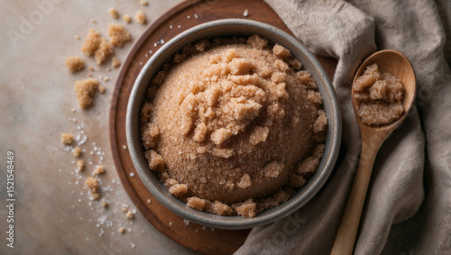 Close-up of homemade brown sugar scrub in a bowl, with a wooden spoon and linen cloth. Perfect for beauty, spa, and wellness.