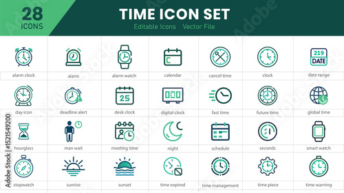  Time icon set. Time management and tracking. Alarm, timer, schedule, hourglass.
